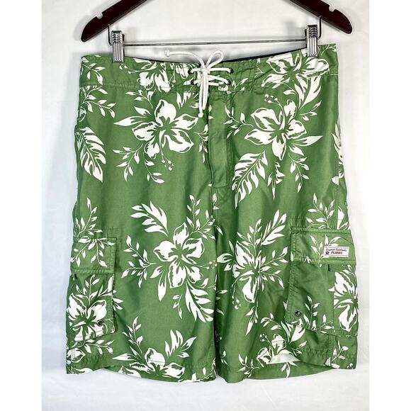 Planks Hawaiian Sz 32 Green Hibiskus Board Shorts Swimsuit Mens Swim Trunk Cargo - Picture 1 of 7
